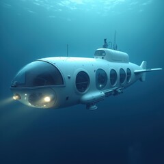 Fototapeta premium Sleek Transparent Submarine with Circular Windows Underwater