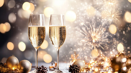Two champagne glasses with sparkling bubbles, festive decor, and a glowing background of fireworks. Perfect for celebration, holiday, or New Year's Eve themes