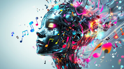 Futuristic cybernetic human head with neon lights, musical notes, and circuitry, blending technology and music in a vibrant, sci-fi aesthetic.
