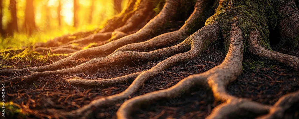Poster tree roots emerging from earth, illuminated by soft golden sunlight.