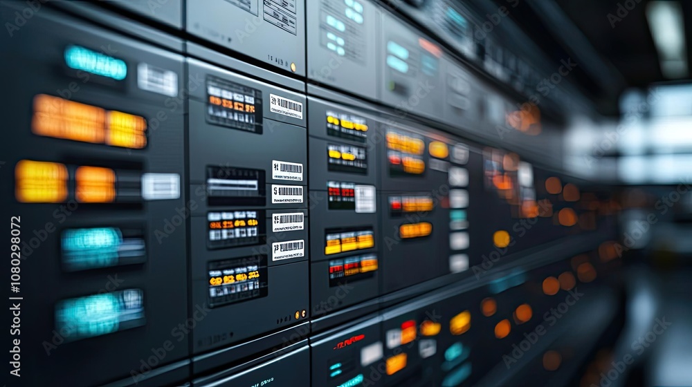 Aufkleber close-up of a modern control panel with colorful buttons and digital displays.