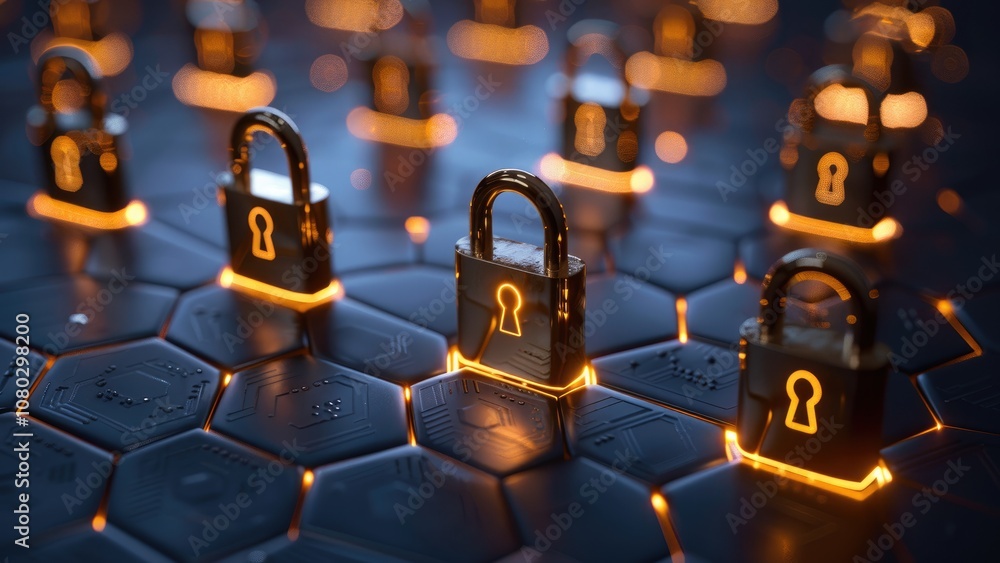 Poster a digital scene showcasing glowing padlocks on a hexagonal background, symbolizing security and data