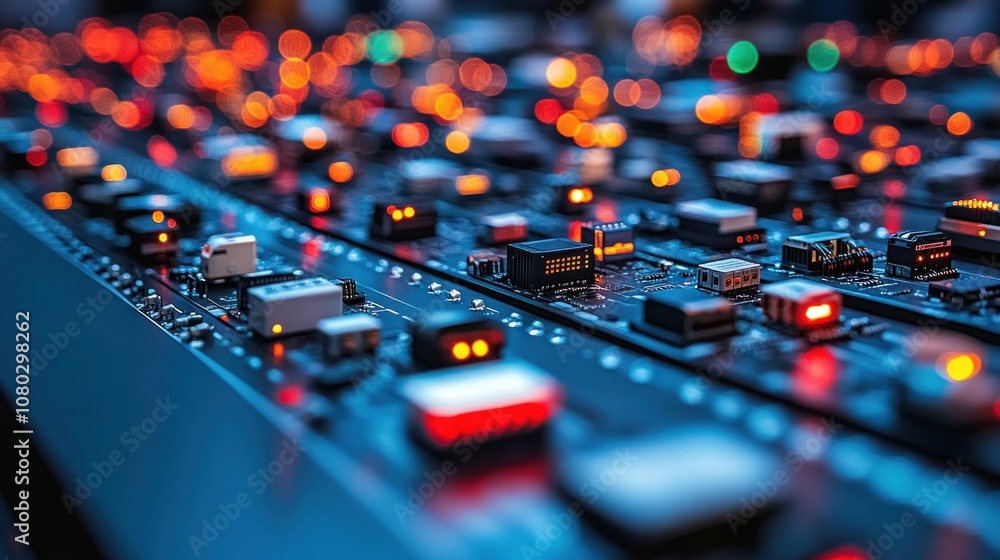 Poster close-up of a circuit board with glowing lights and components.