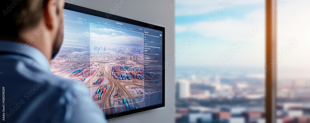 Poster Professional analyzing data on a screen with a city view in a modern office setting.