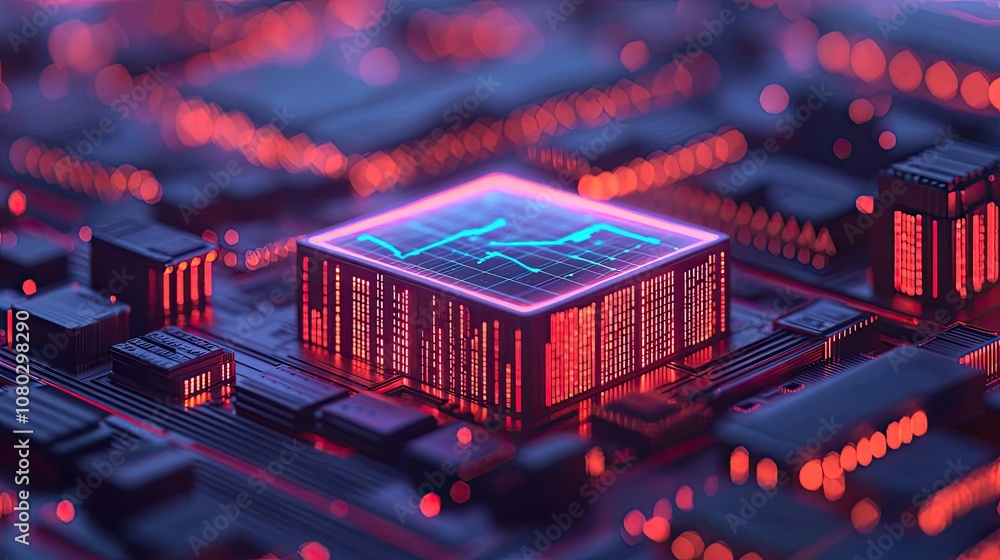 Poster Futuristic circuit board design with glowing components and data visualization.