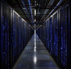 Fototapeta premium A dimly lit corridor lined with server racks, illuminated by blue lights, showcasing a high-tech data center environment.