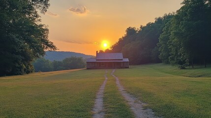 Obraz premium A Rustic Cabin in the Appalachian Mountains at Sunset