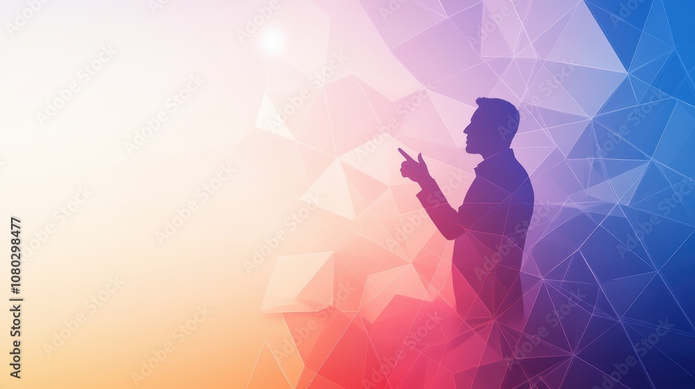 Poster a silhouette of a person engaging with a digital interface, surrounded by a colorful, abstract backg