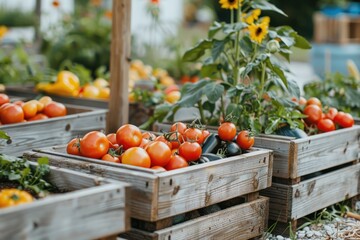 A wooden crate full of tomatoes and cucumbers