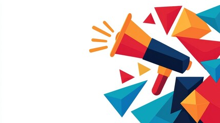 A vibrant illustration of a megaphone surrounded by colorful geometric shapes, symbolizing communication and expression.