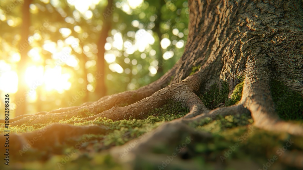 Poster tree roots covered in moss, sunlight filtering through the foliage.