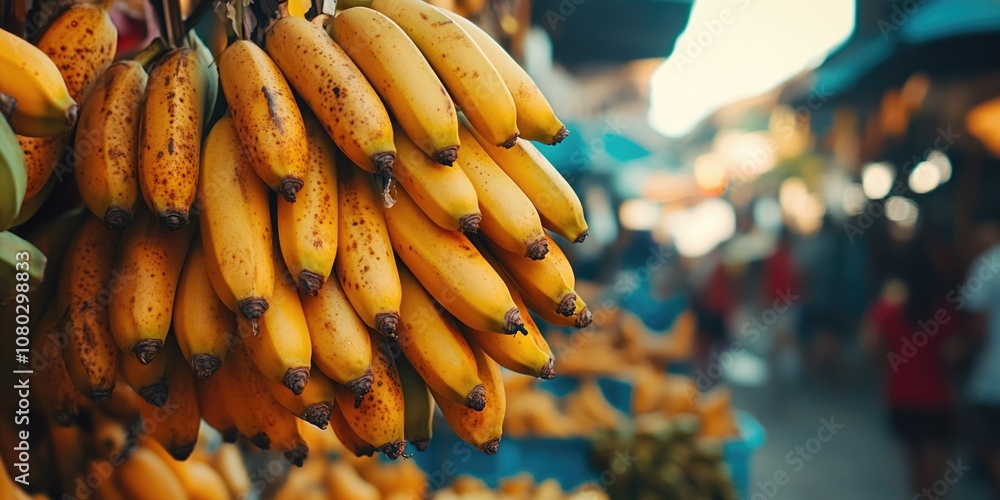 Poster a colorful display of ripe bananas at a busy market, perfect for adding a pop of freshness to your d