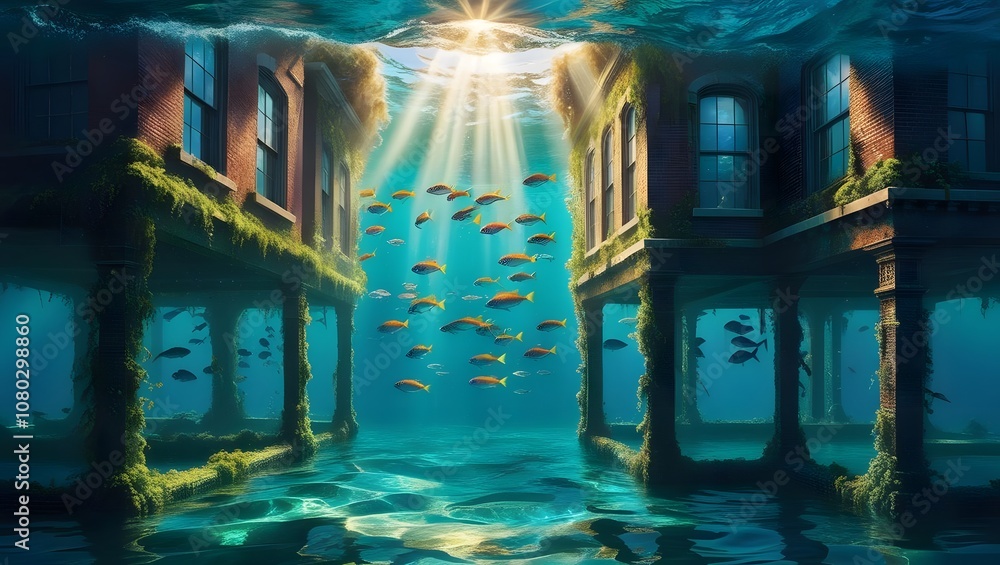 Poster explore the enigmatic underwater world where sunlight dances through abandoned architecture surround