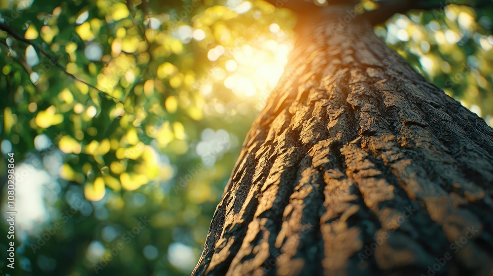 Leinwandbilder close-up view of a tree trunk with sun rays shining through green leaves.