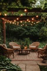 Obraz premium Picture a serene backyard with twinkling lights and lush foliage, ideal for unwinding after work, providing an escape from daily stress and inviting you to enjoy true outdoor tranquility