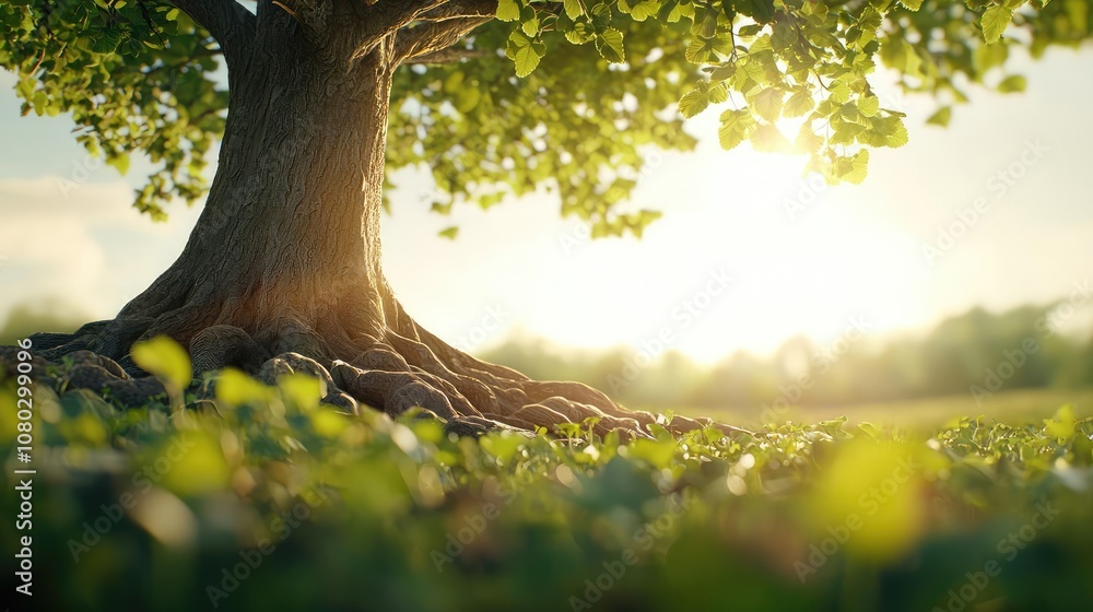 Poster tree with vibrant green leaves and sunlight filtering through branches.