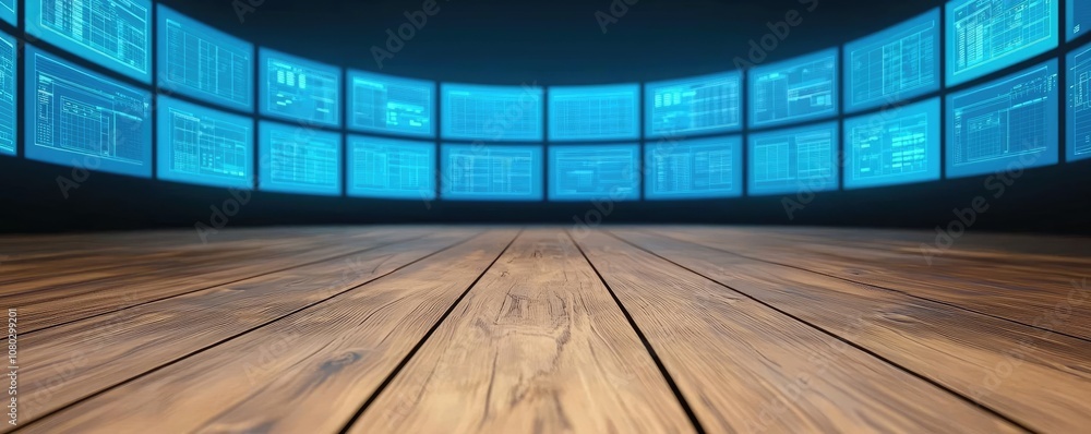Poster modern digital interface with multiple screens and wooden floor.