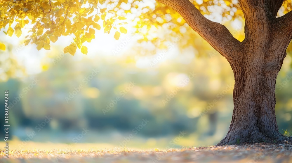 Poster tree with sunlight filtering through leaves in a serene outdoor setting.