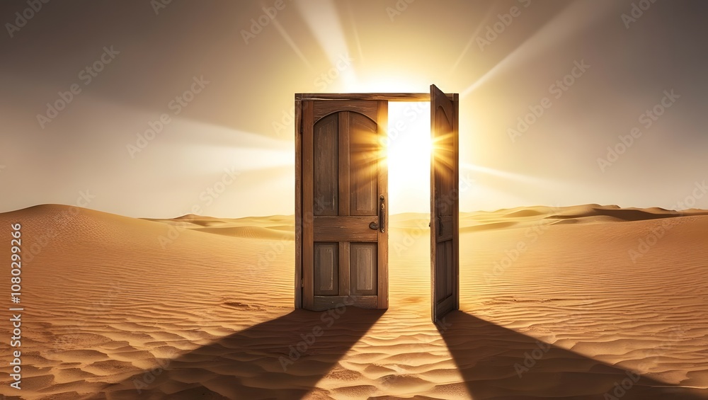Poster explore new horizons an open door in the desert illuminates endless possibilities