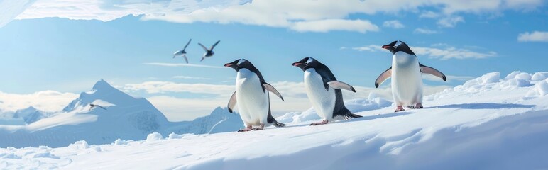 Fototapeta premium Penguins Walking on a Snowy Mountaintop