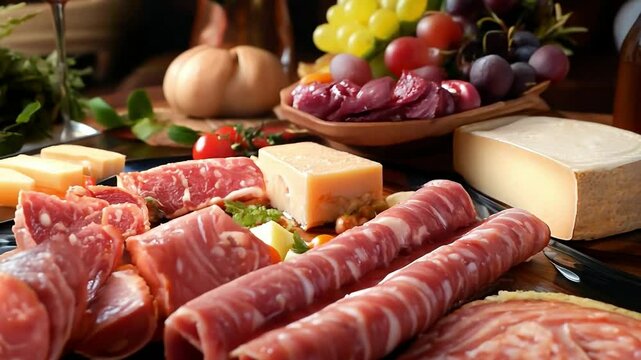 Gourmet charcuterie board with sliced meats, Delicious charcuterie board	
