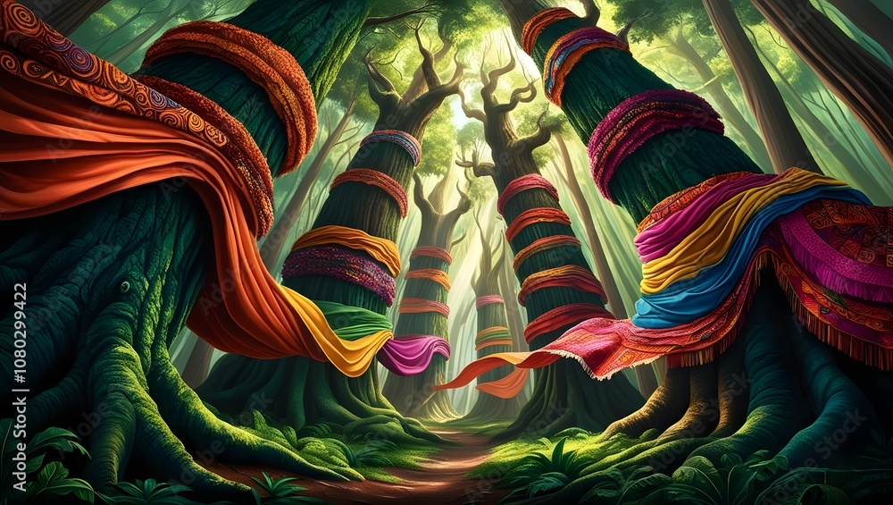 Poster experience the enchantment of vibrant forests adorned with colorful fabrics in nature's splendor