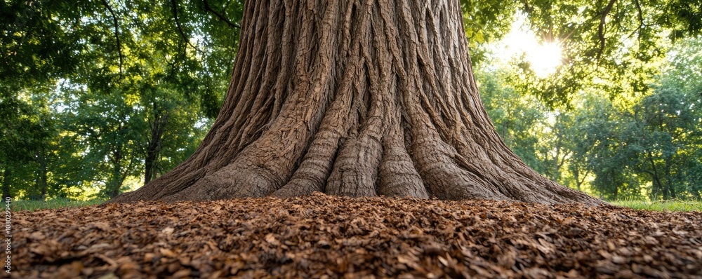 Poster close-up of a majestic tree trunk with roots and fallen leaves on the ground.