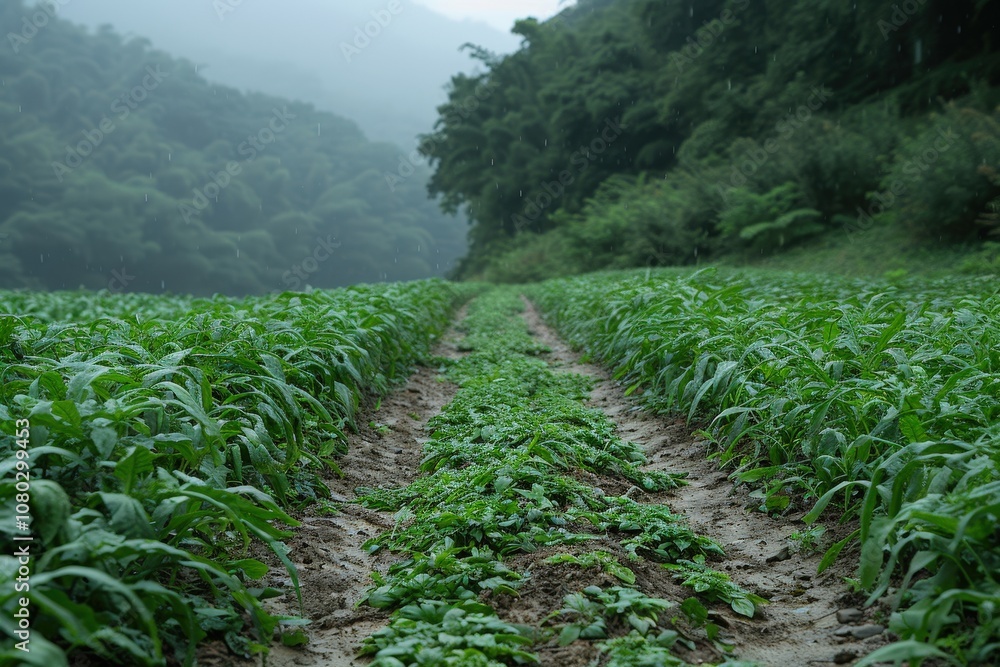 Poster a field of green plants with a path running through it
