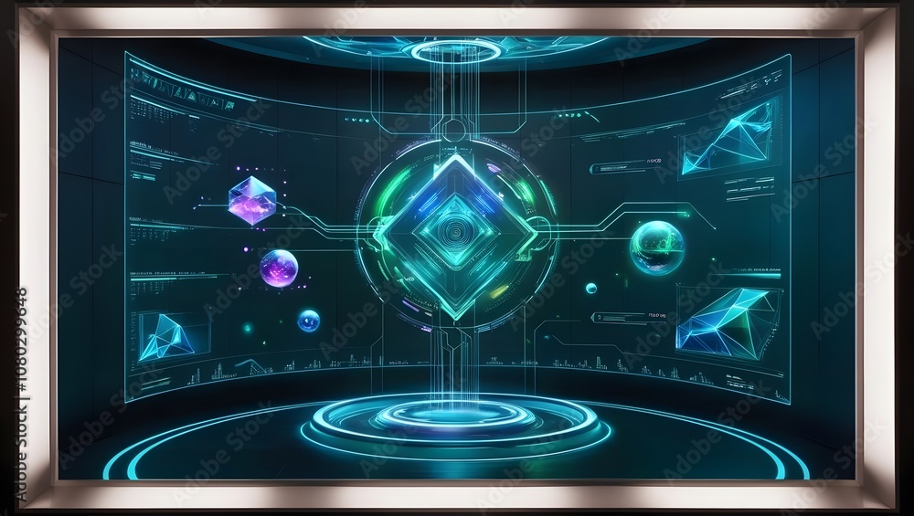 Poster Explore the futuristic digital interface showcasing interactive 3d elements and data visualization techniques