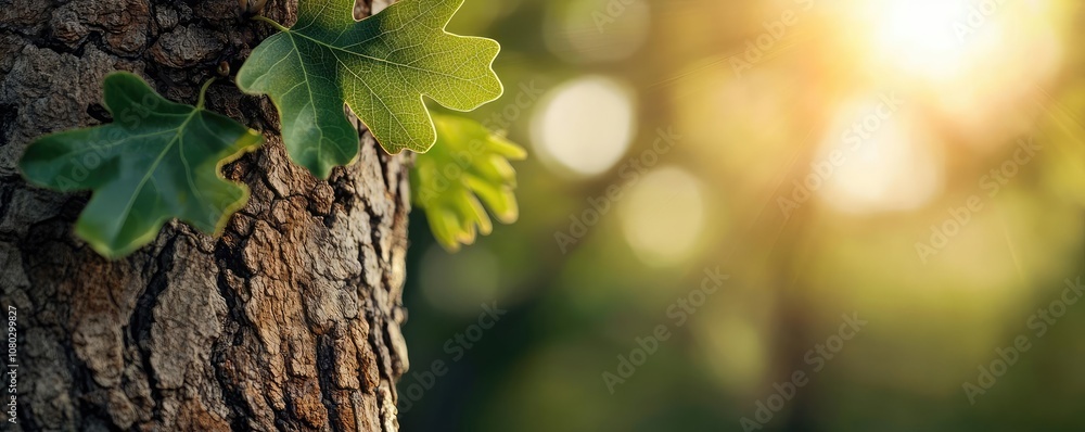 Poster close-up of oak leaves with sunlight filtering through a forest background.