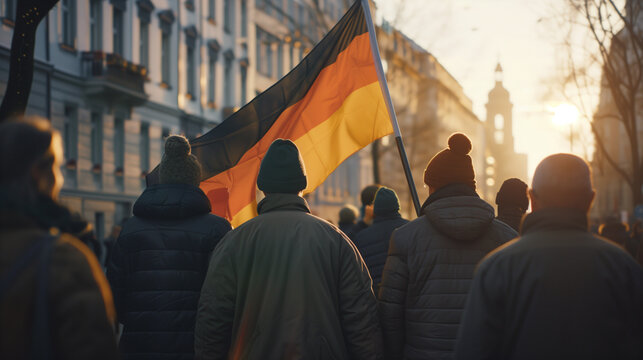Gruppe deutscher Demonstranten mit Deutschlandflagge