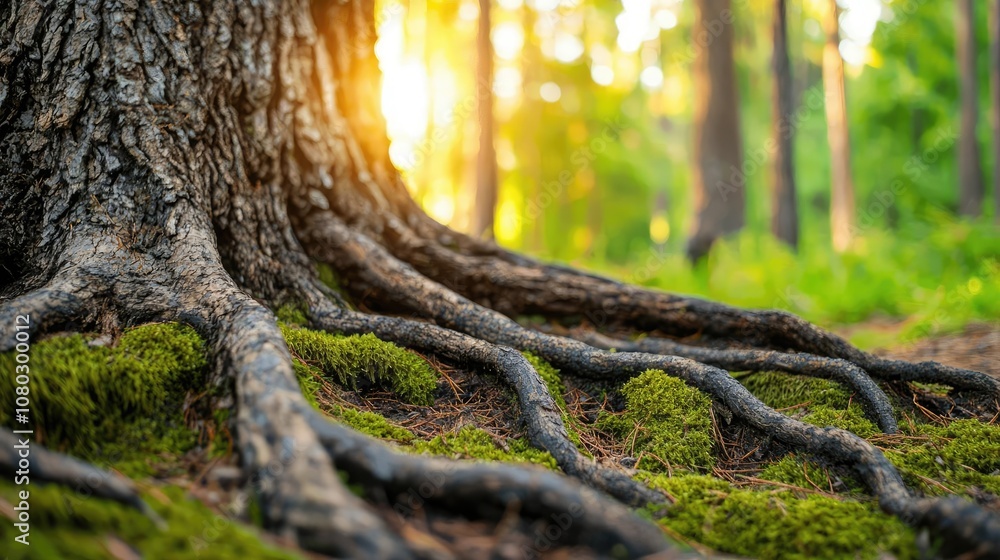 Poster tree roots covered in moss with sunlight filtering through the forest.