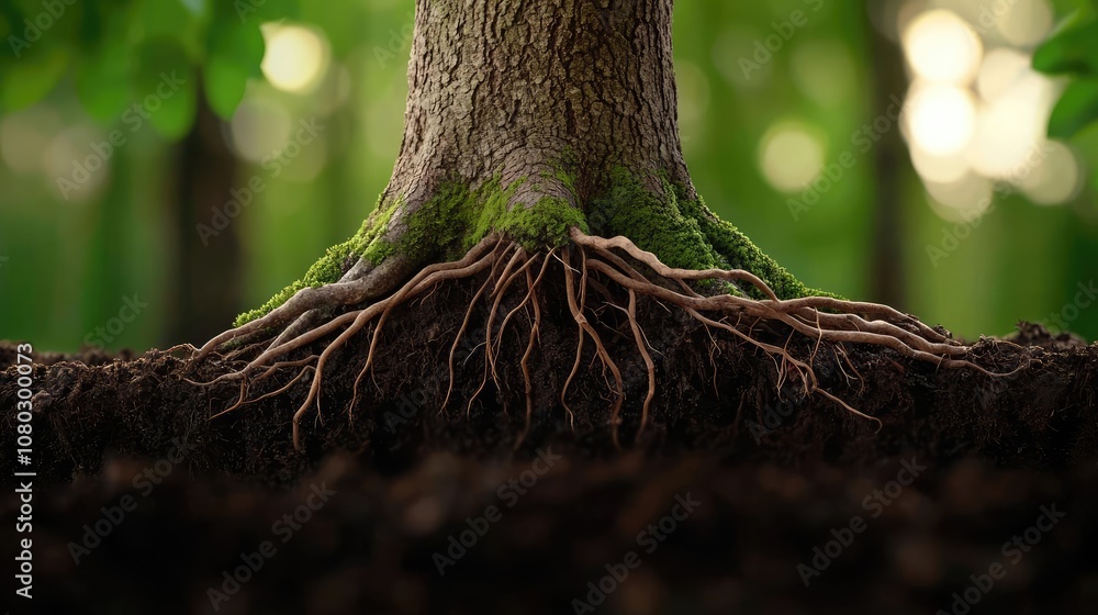 Aufkleber close-up of a tree trunk and roots, natural setting showcasing earthy tones.