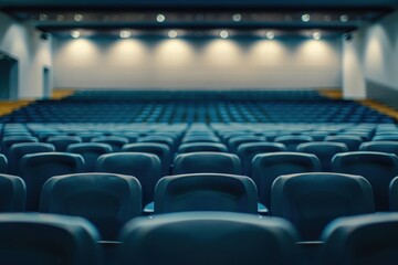 Obraz premium Blurred auditorium with rows of seats in a conference hall, ready for seminar