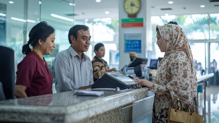 Fototapeta premium Customer service interaction at a bank counter in a busy urban area during the day, showcasing a professional atmosphere and engaging dialogue