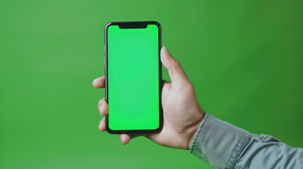 person holding smartphone with green screen, ideal for mockups and presentations. vibrant green background enhances focus on device