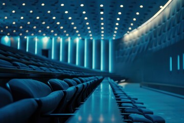 Obraz premium Abstract blurred conference hall interior with rows of chairs and stage lights
