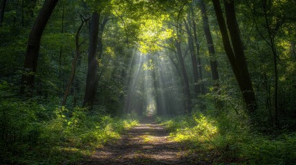 Fototapeta premium forest path leading through the trees, bathed in sunlight filtering down from above