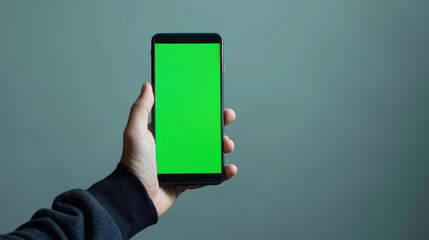person holding smartphone with green screen, ideal for mockups and presentations. background is soft gray, enhancing focus on device