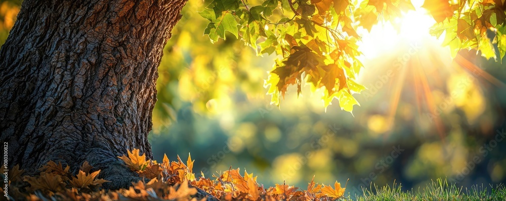 Poster Sunlight filters through vibrant leaves by a tree, creating a serene nature scene.