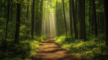 Obraz premium forest path leading through the trees, bathed in sunlight filtering down from above