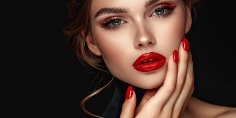 Fototapeta premium A glamorous woman with red lipstick and a stylish manicure epitomizes sophistication, elegance, and allure. Her chic and trendy appearance exudes confidence and beauty, blending luxury and glamour