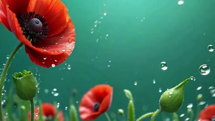 A close up of a red flower with water droplets on it. The flower is surrounded by other red flowers, creating a beautiful and serene scene. The water droplets on the flower add a sense of freshness