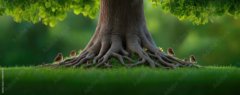 Aufkleber close-up of a tree trunk and roots with lush green foliage in the background