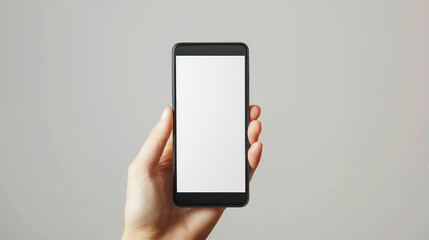 person holding blank smartphone against neutral background, showcasing its sleek design and modern technology. Perfect for digital communication themes