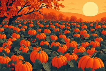 Naklejka premium Pumpkin field autumn sunset