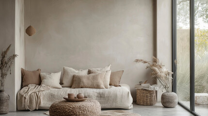 A serene living room showcases a neutral palette with a comfortable sofa, decorative pillows, and natural elements, highlighted by bright daylight streaming in.