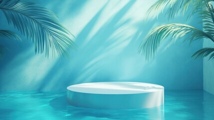 A serene, tropical scene featuring a circular platform surrounded by water and palm leaves.