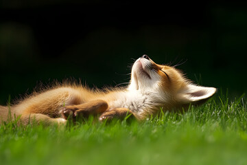 A playful fox kit tumbling in the grass, its fur shining in the sunlight as it explores. A fox cub enjoying a playful moment.


