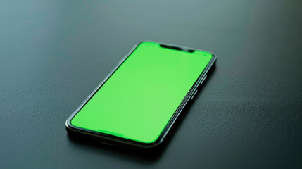 smartphone with green screen on dark surface, ideal for mockups and presentations